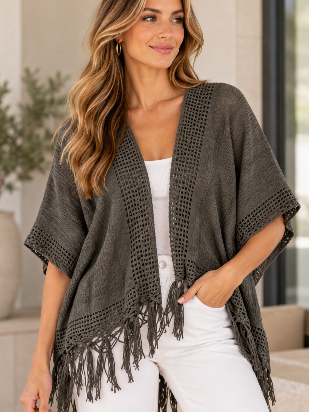 Max Edition Olive Fringe Open-Knit Poncho